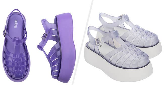Two images of purple and clear platform sandals