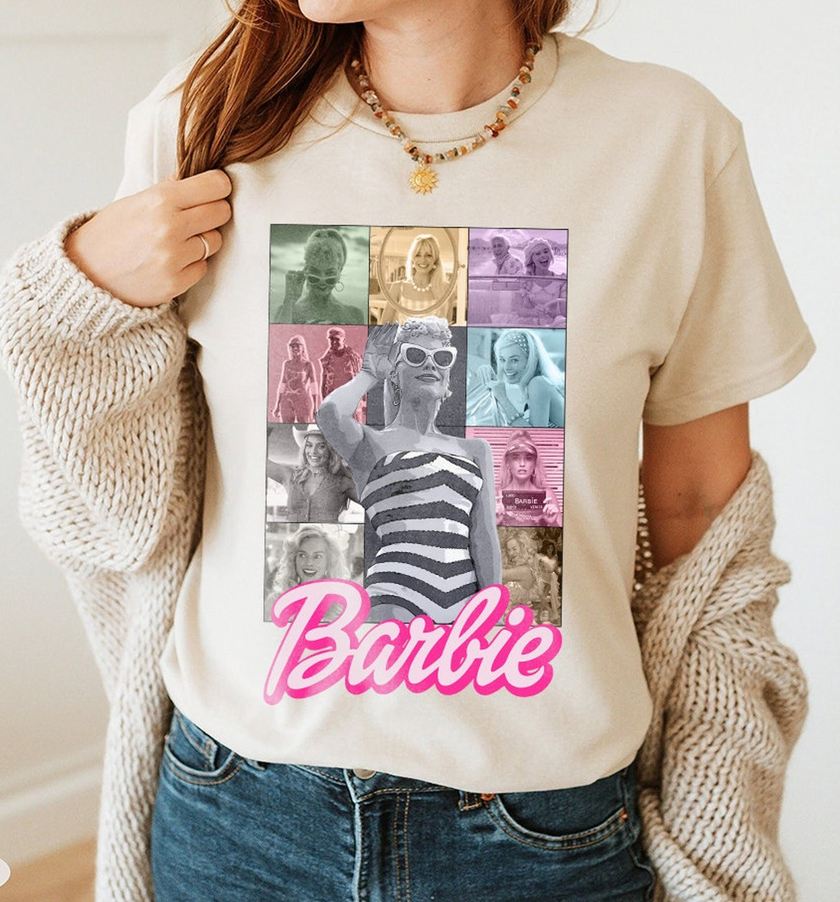 Barbie print cotton blend knit fabric, retro 90s vintage silver glitter  confetti