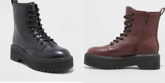 Two images of black and burgundy platform combat boots
