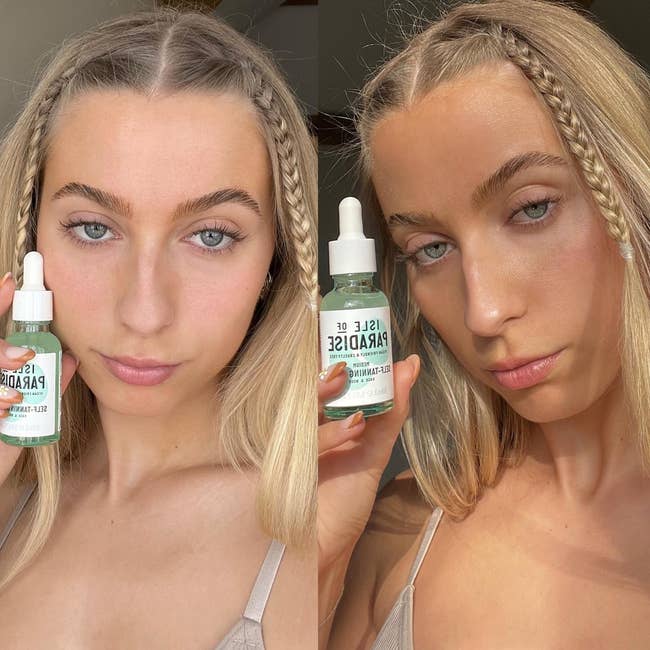 before and after images of a pale model who gets a little darker thanks to the self-tanner