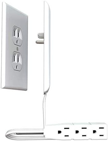 the three-plug socket with a cord; it plugs into the wall with a a flat, white, rectangular piece of plastic