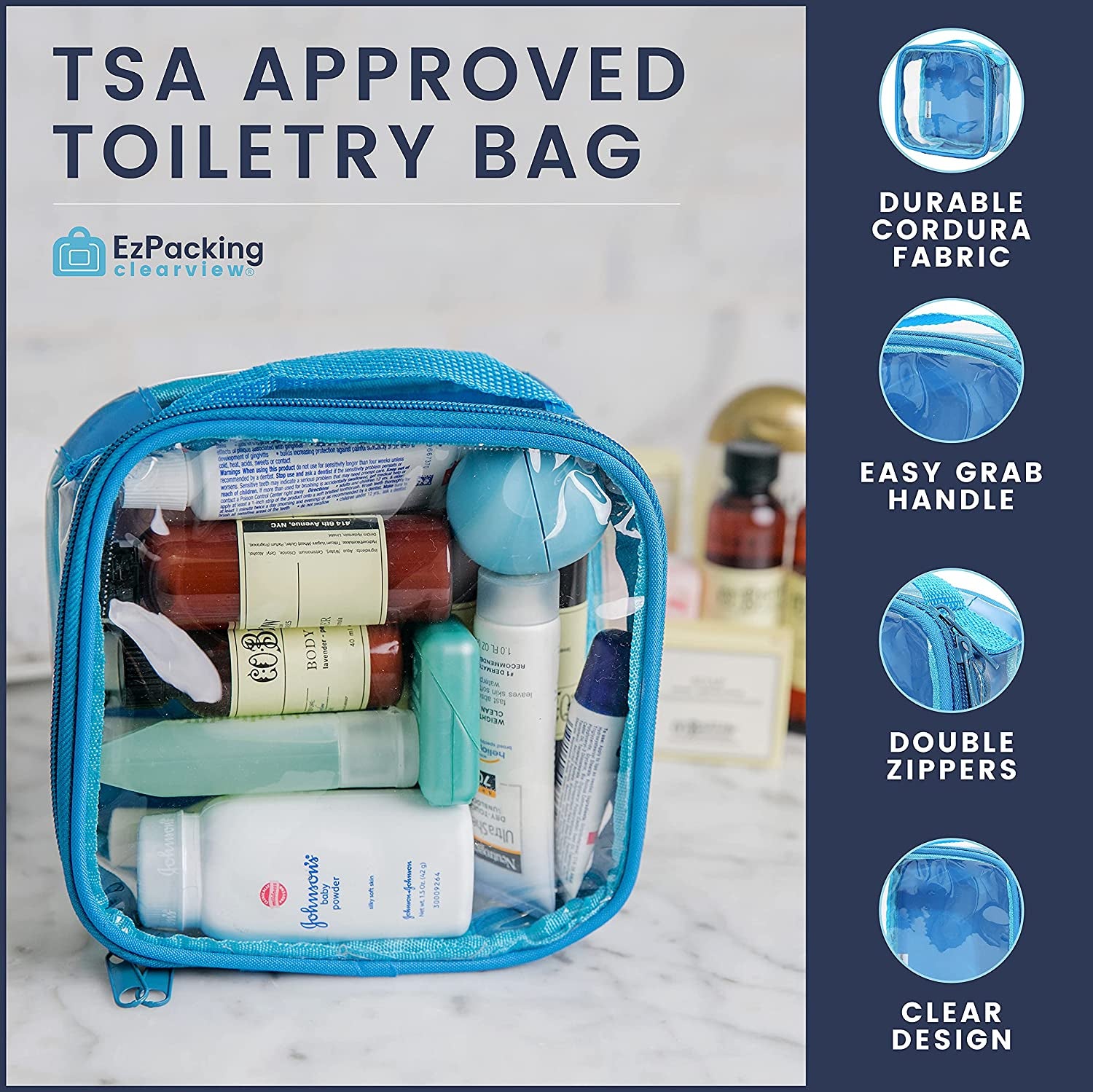 clear bag with toiletries inside