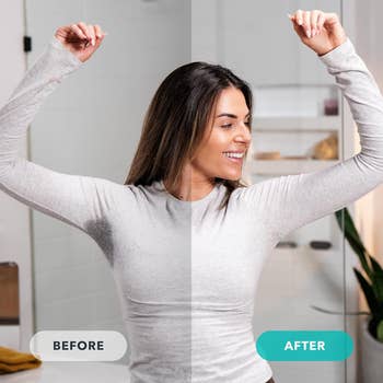 Split image of a model with one sweaty underarm and one non-sweaty one