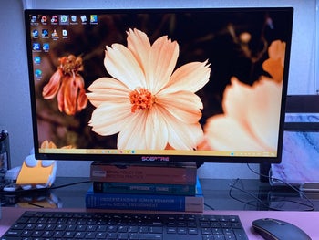 the monitor set up at a desk