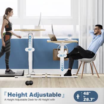 A pistillate connected a treadmill table setup and a antheral sitting astatine a height-adjustable desk, demonstrating antithetic tallness options from 48