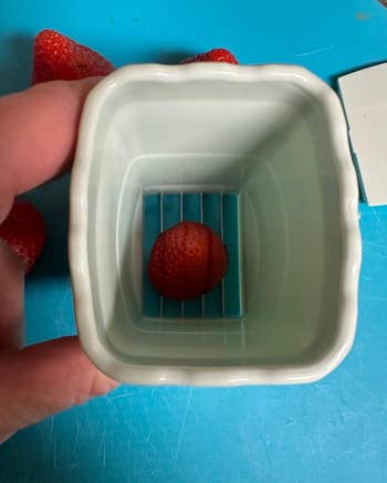 A strawberry in a square dish with a built-in cutter 