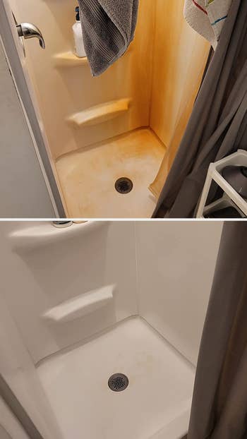 before/after of a shower that was rusted over and then cleaned to look porcelain white again