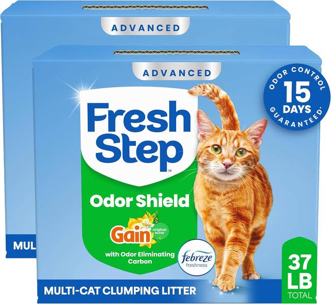 Two boxes of Fresh Step Odor Shield Multi-Cat Clumping Litter, 37 lb each, with a feline  representation  and substance   highlighting odor power  and freshness