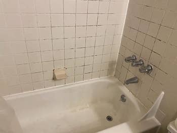 a reviewer's bathroom with mold in the tiles and tub