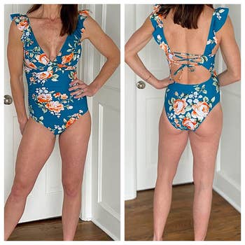 reviewer showing the front and back of the swimsuit, which has a tie back detail and a cutout in the back
