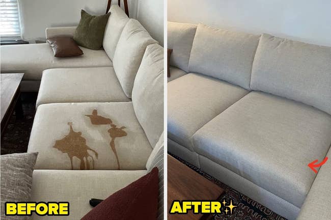 left: reviewer's before photo showing a large brown stain on a beige couch / right: after photo, the spot completely gone thanks to Folex