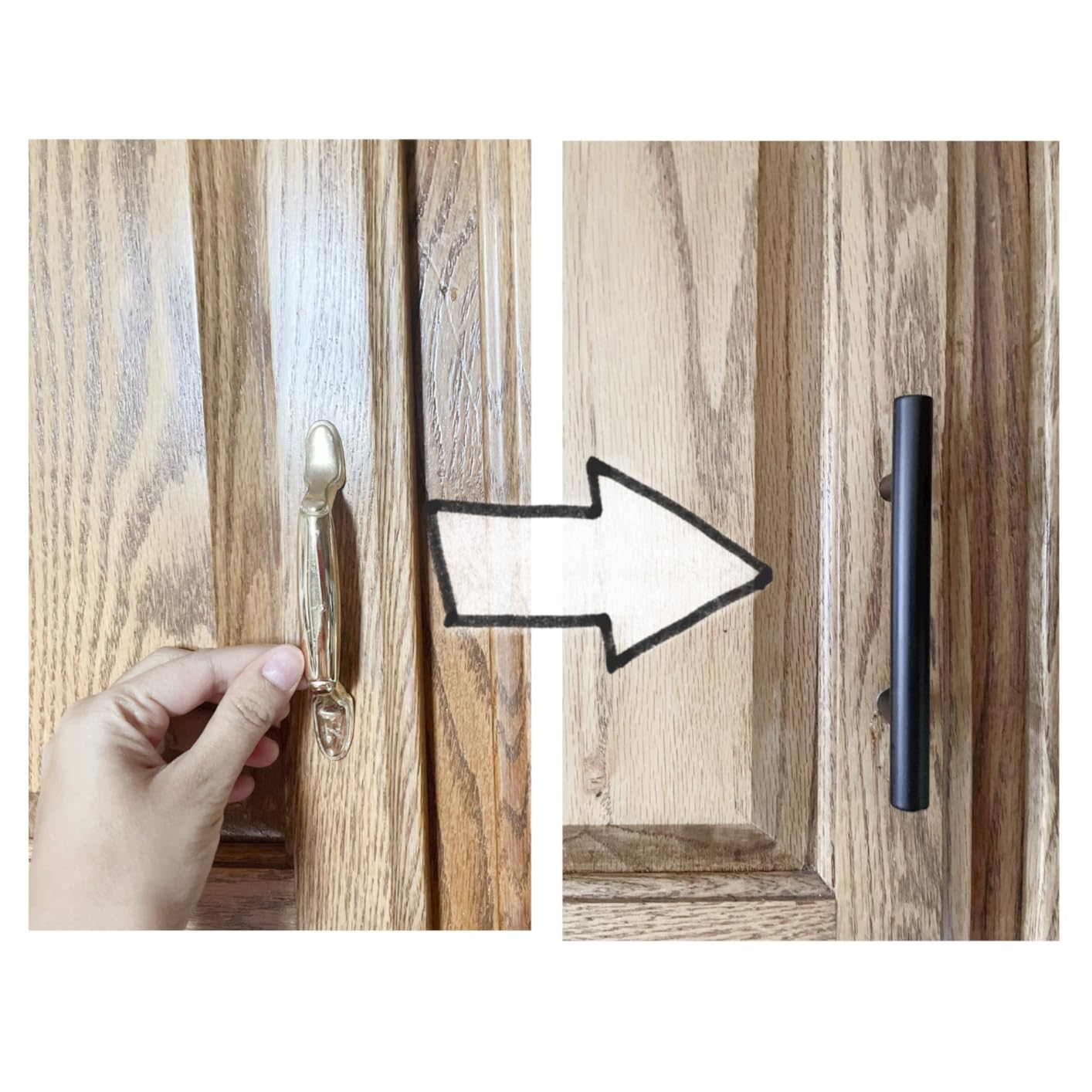 Hand comparing a wide   furniture  grip  with a sleek achromatic  grip  connected  woody  cabinets, highlighting a imaginable   furniture  hardware switch