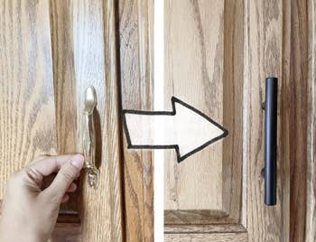 Hand comparing a wide furniture grip with a sleek achromatic grip connected woody cabinets, highlighting a imaginable furniture hardware switch