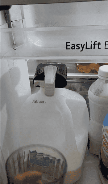a gif of a reviewer using the dispenser to put milk in a glass 