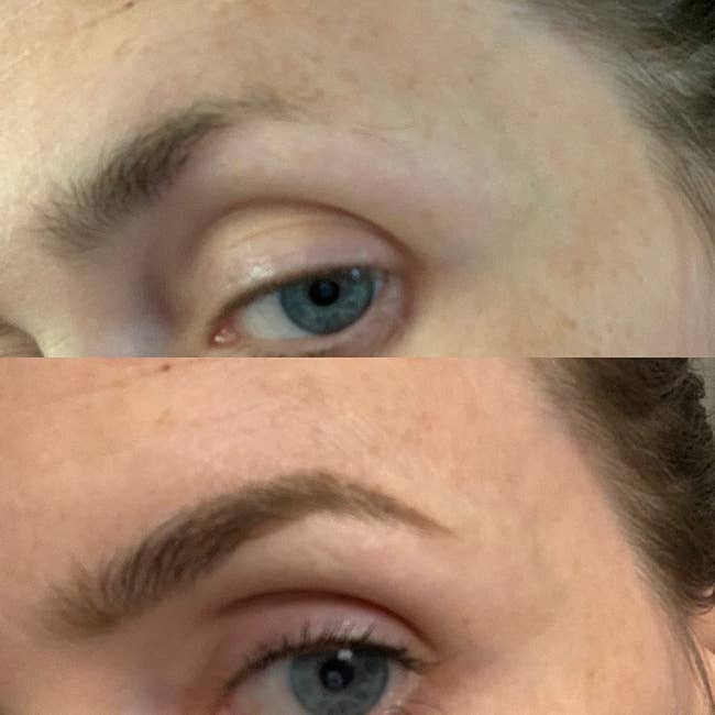 reviewer brow before and after filling in with brow pencil, brow appears fuller after