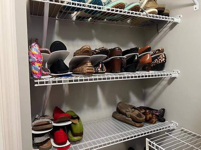 Organized closet shelves displaying a assortment of women's shoes, including heels, flats, and loafers, immoderate with patterns