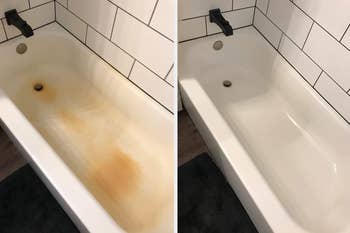 A reviewer's white tub filled with orange iron stains / the same tub without stains