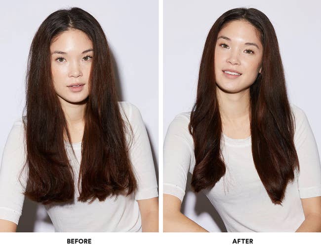 before and after images of a model with frizzy, dry hair becoming shiny and smooth