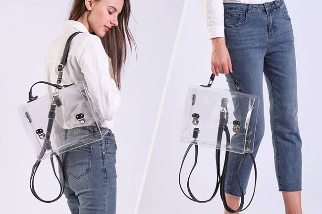 Two images of model carrying clear backpack