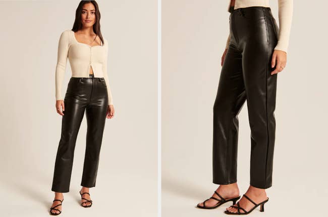 Model wearing straight fit faux leather pants with pockets paired with cream cardigan and black kitten heels, side view of model in product with side seam 