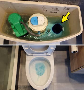 top: reviewer photo of the blue tablet in toilet tank / bottom: reviewer photo of blue liquid being flushed in yhe toilet bowl