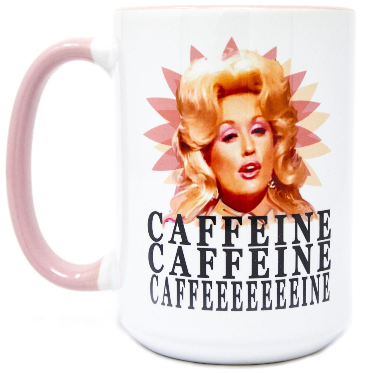 pink and white mug with dolly's face and the text 