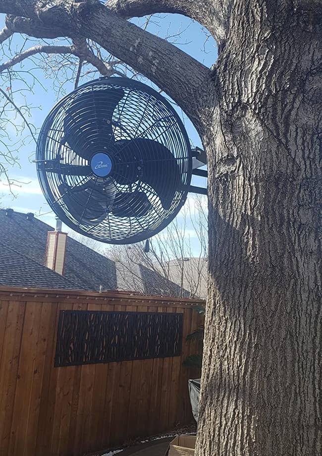 a black outdoor fan attached to a tree