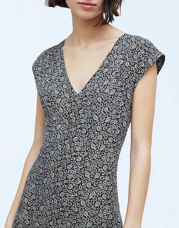Model in a lace-patterned, V-neck dress 