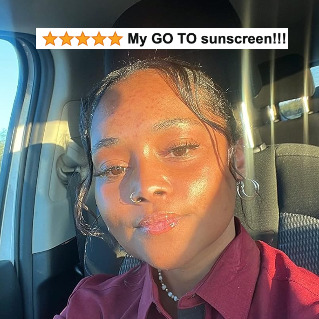 Person in maroon shirt inside a car with sunlight on face, text above reads 