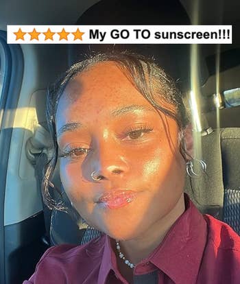 Person in maroon shirt inside a car with sunlight on face, text above reads