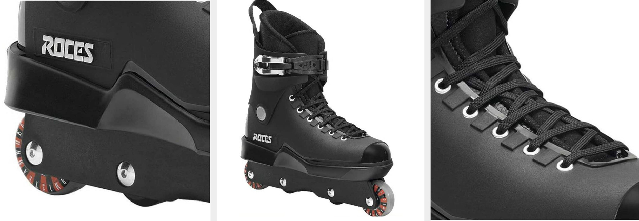 Three images, two close-ups, of the black skates