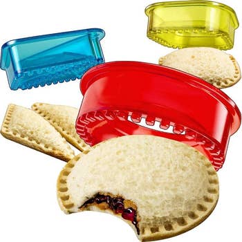 The sandwich cutter and sealers in blue, yellow, and red