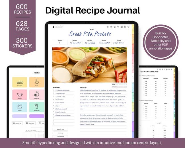 Image of a greek pita recipe with space for notes and ingredients on an app display, as well as other navigable pages 