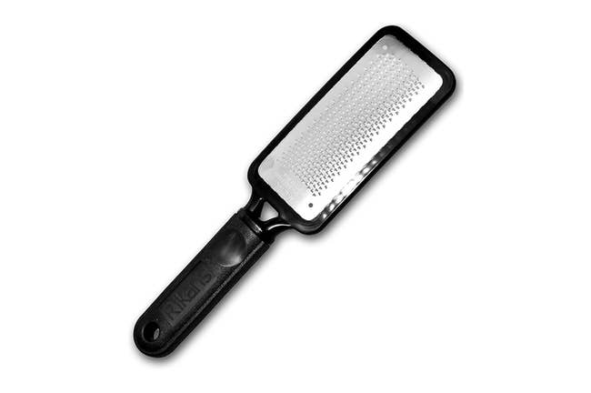 Handheld foot file with black handle and stainless steel grating surface