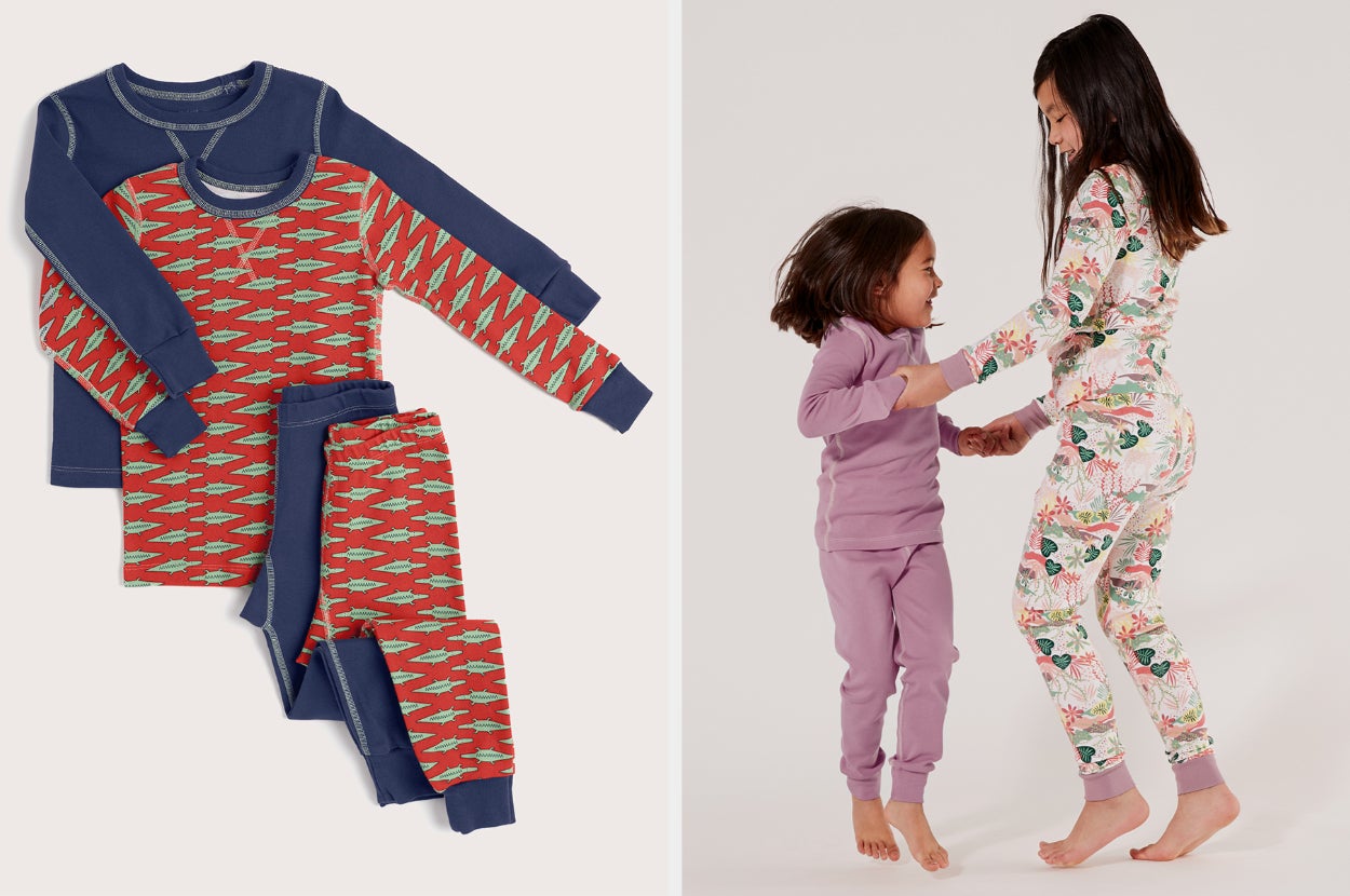 Split image of two sets of red and blue pajamas and two child models jumping and playing in their pjs
