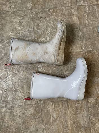 a reviewer's rubber boots, 1  stained with ungraded  and 1  clean