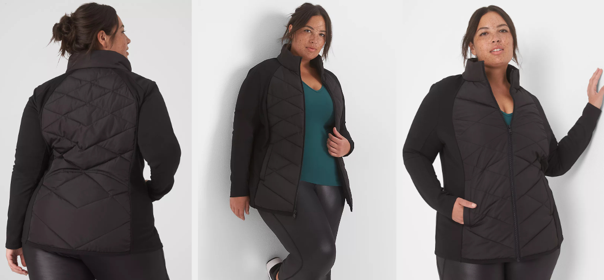 Three images of a model wearing the black jacket