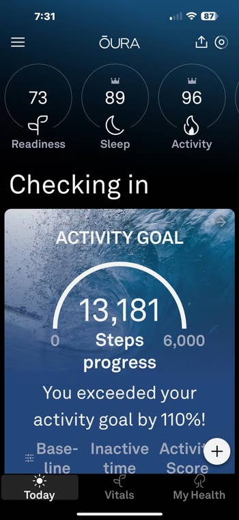 Phone surface displaying a fittingness app with 13,181 steps, exceeding the extremity by 110%