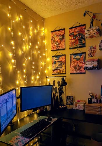 fairy lights strung up behind a desk