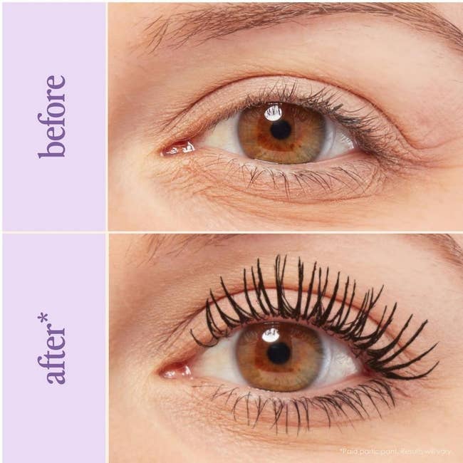 Before and after image showing an eye with natural lashes and the same eye with enhanced, voluminous eyelashes