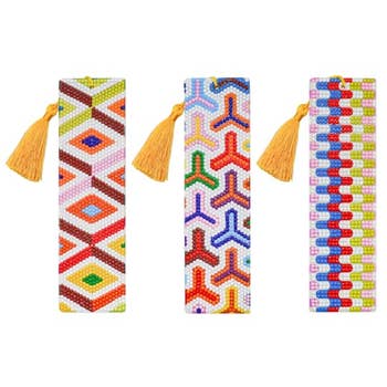Three beaded bookmarks with geometric patterns, each featuring a yellowish tassel connected top. Ideal for adding flair to publication collections