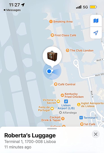 reviewer photo of the find my app showing their luggage on a map via the airtag