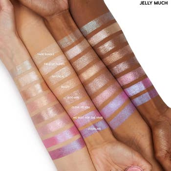 an array of glittery water based shadows on four skin tones