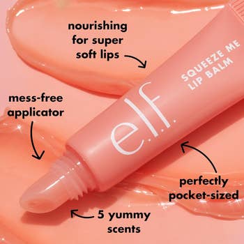 e.l.f. lip balm tube with applicator; highlights nourishment, mess-free use, pocket-size, and scents