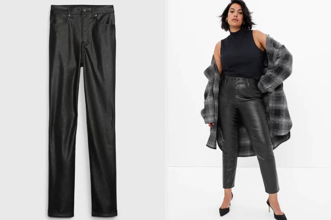 Black slim fit faux leather pants with front pockets on a white background, model wearing product with black mock neck sleeveless top and gray flannel jacket