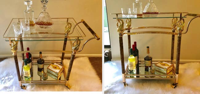 Two reviewer images of gold bar cart with bottles and glasses