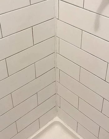 reviewer after photo of the shower grout looking clean and white after being treated with the mold and mildew remover
