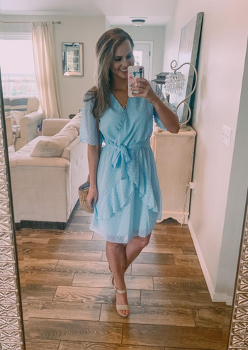 reviewer in the above the knee dress in light blue