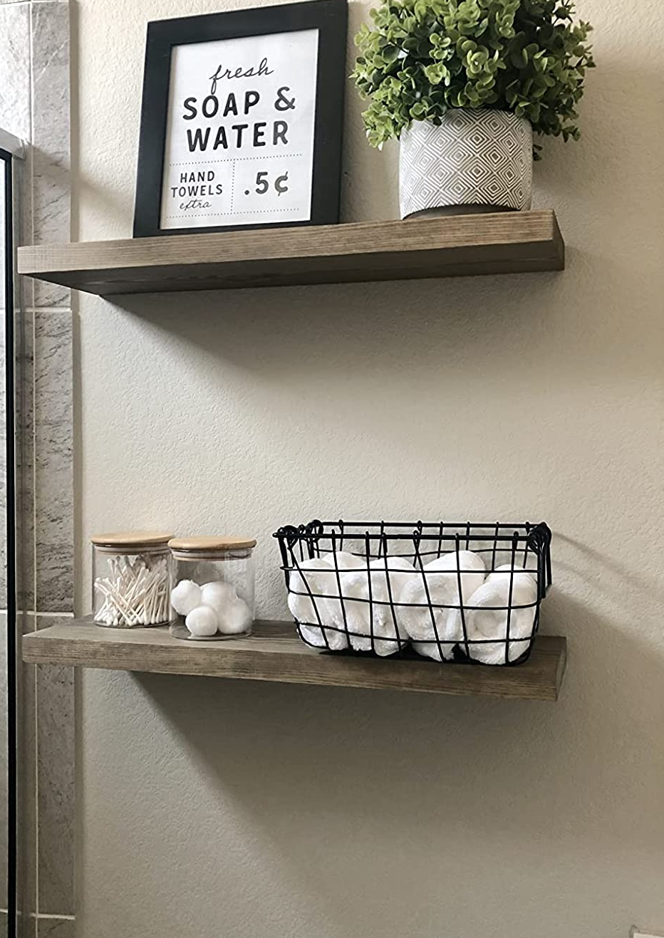 Bathroom Shelves Over Toilet, Floating Bathroom Shelves Wall Mounted with Wire Basket, Wood Floating Shelf for Wall Dcor, Bathroom Wall dcor Shelves