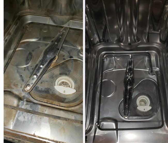 before/after of a dishwasher that's dirty and stained and then left sparkling clean after the dishwasher cleaning tablets were used